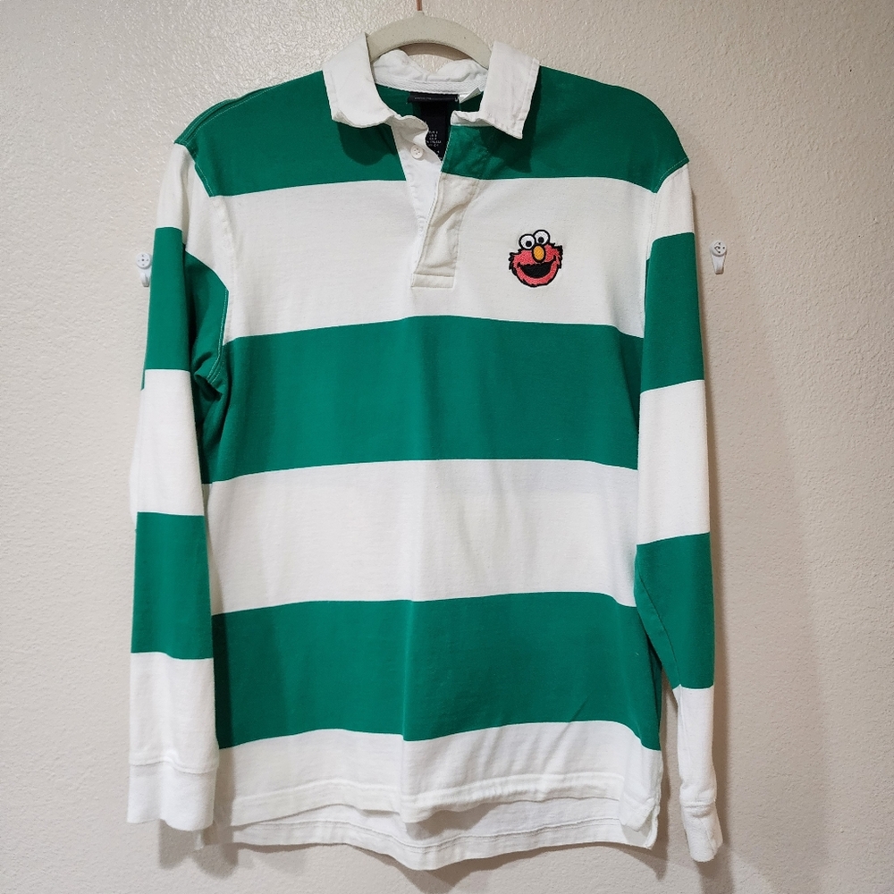 H&M x Sesame Street Rugby Shirt Striped Elmo Relaxed Fit Polo Preppy size Small